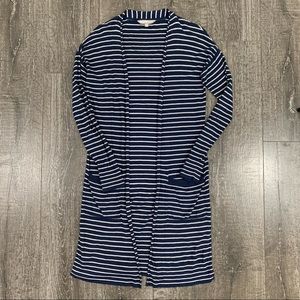 Athleta XS Navy White Striped Silk Blend Duster Cardigan Pockets Side Slits